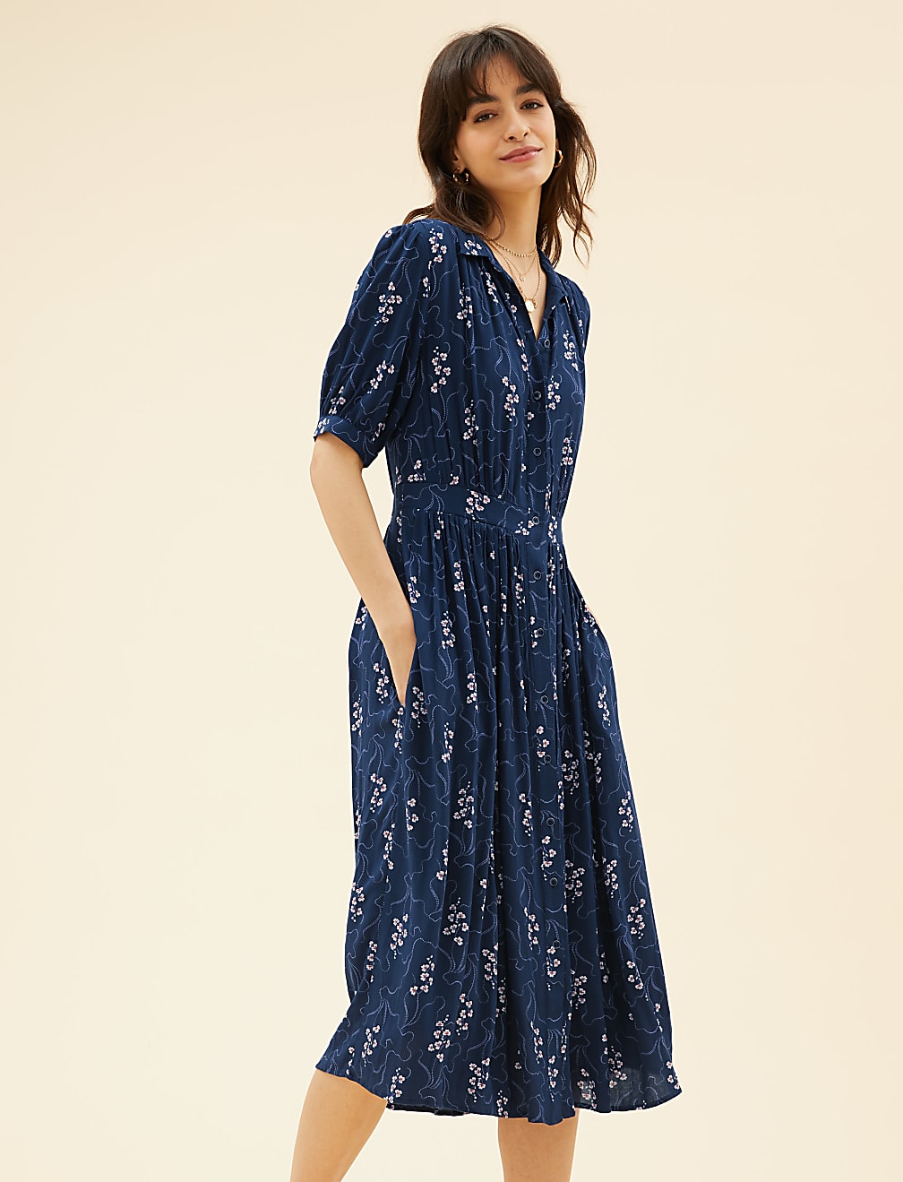 Printed Collared Midi Shirt Dress