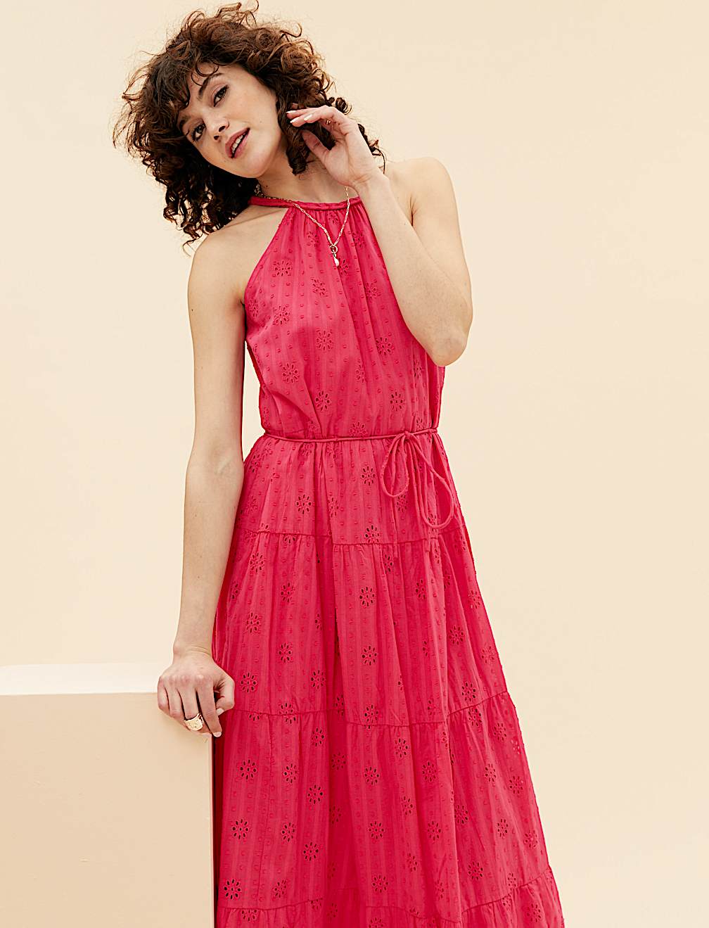 Pure Cotton Broderie Sleeveless Maxi Dress