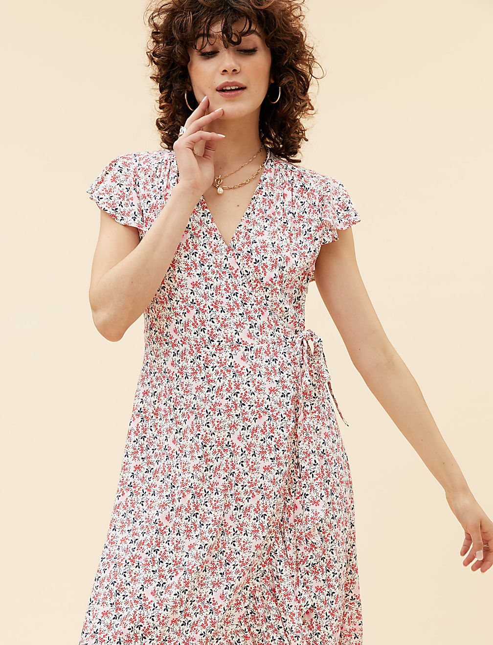 Ditsy Floral V-Neck Midi Wrap Dress