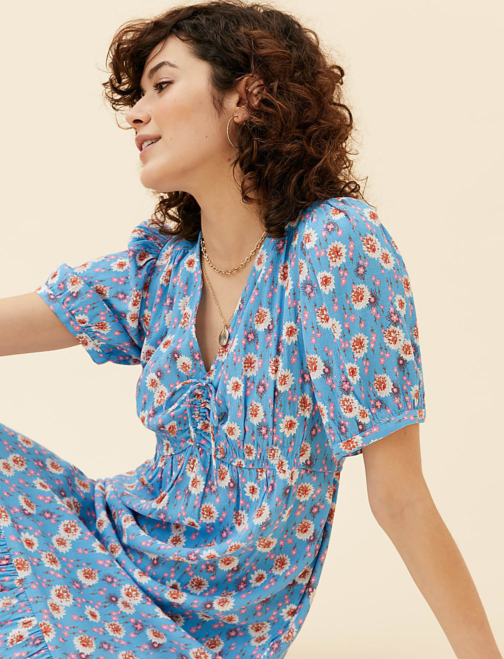 Ditsy Floral V-Neck Midi Tea Dress