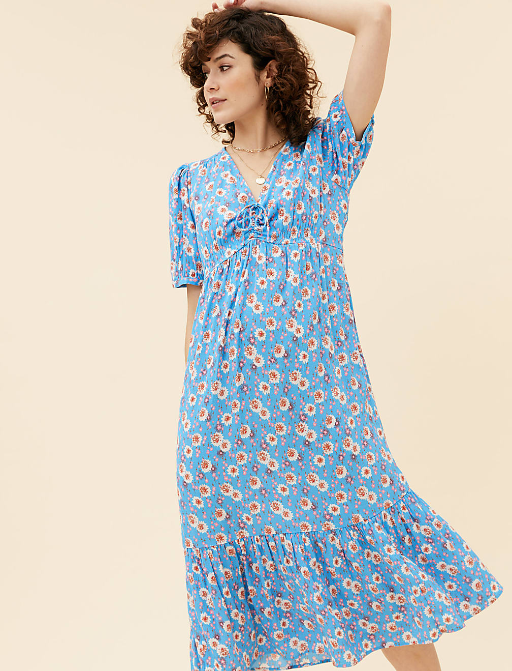 Ditsy Floral V-Neck Midi Tea Dress