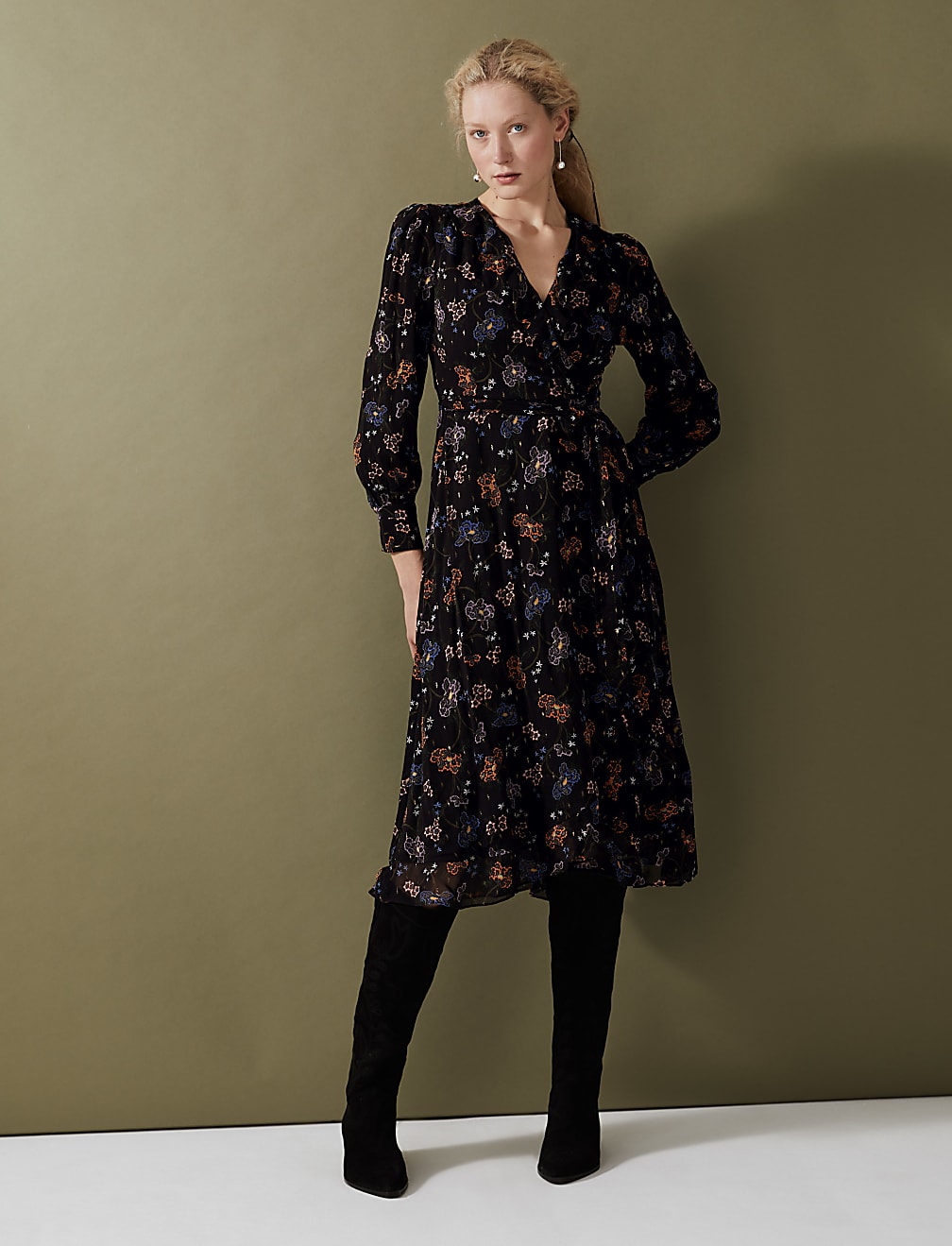 Floral V-Neck Frill Detail Midi Wrap Dress