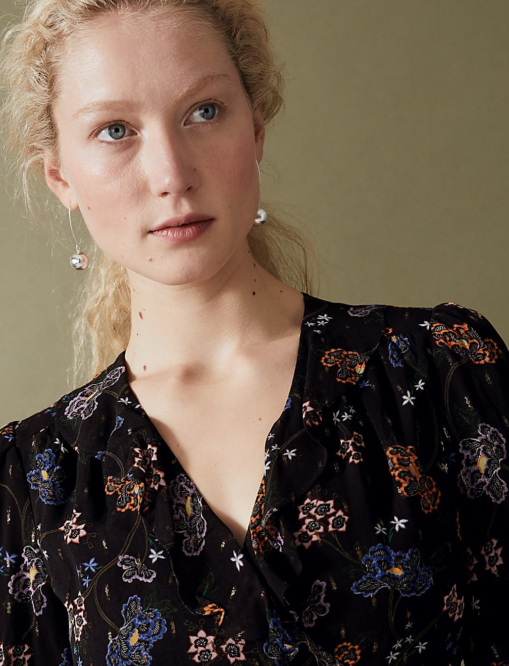 Floral V-Neck Frill Detail Midi Wrap Dress