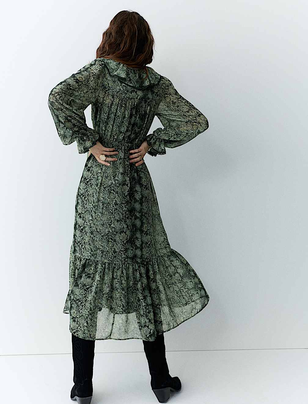 Snake Print V-Neck Frill Detail Midi Dress