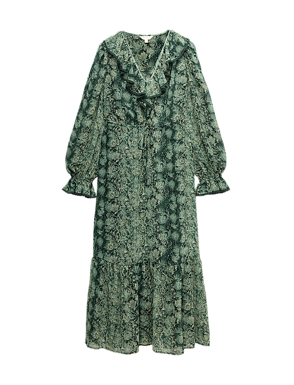 Snake Print V-Neck Frill Detail Midi Dress