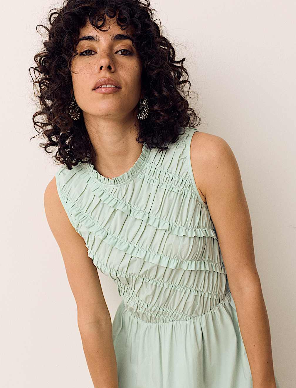 Pure Cotton Shirred Sleeveless Midi Dress