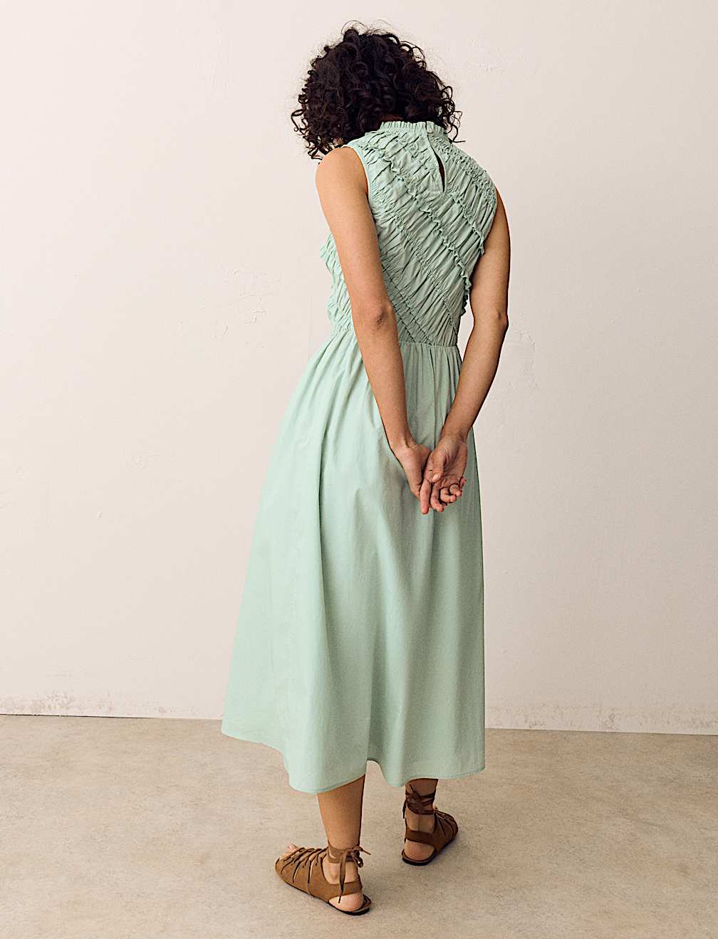 Pure Cotton Shirred Sleeveless Midi Dress