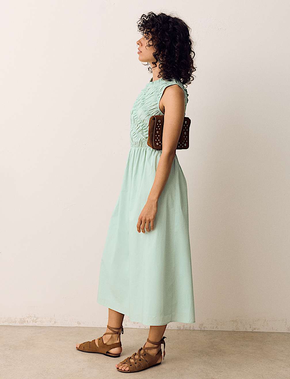 Pure Cotton Shirred Sleeveless Midi Dress