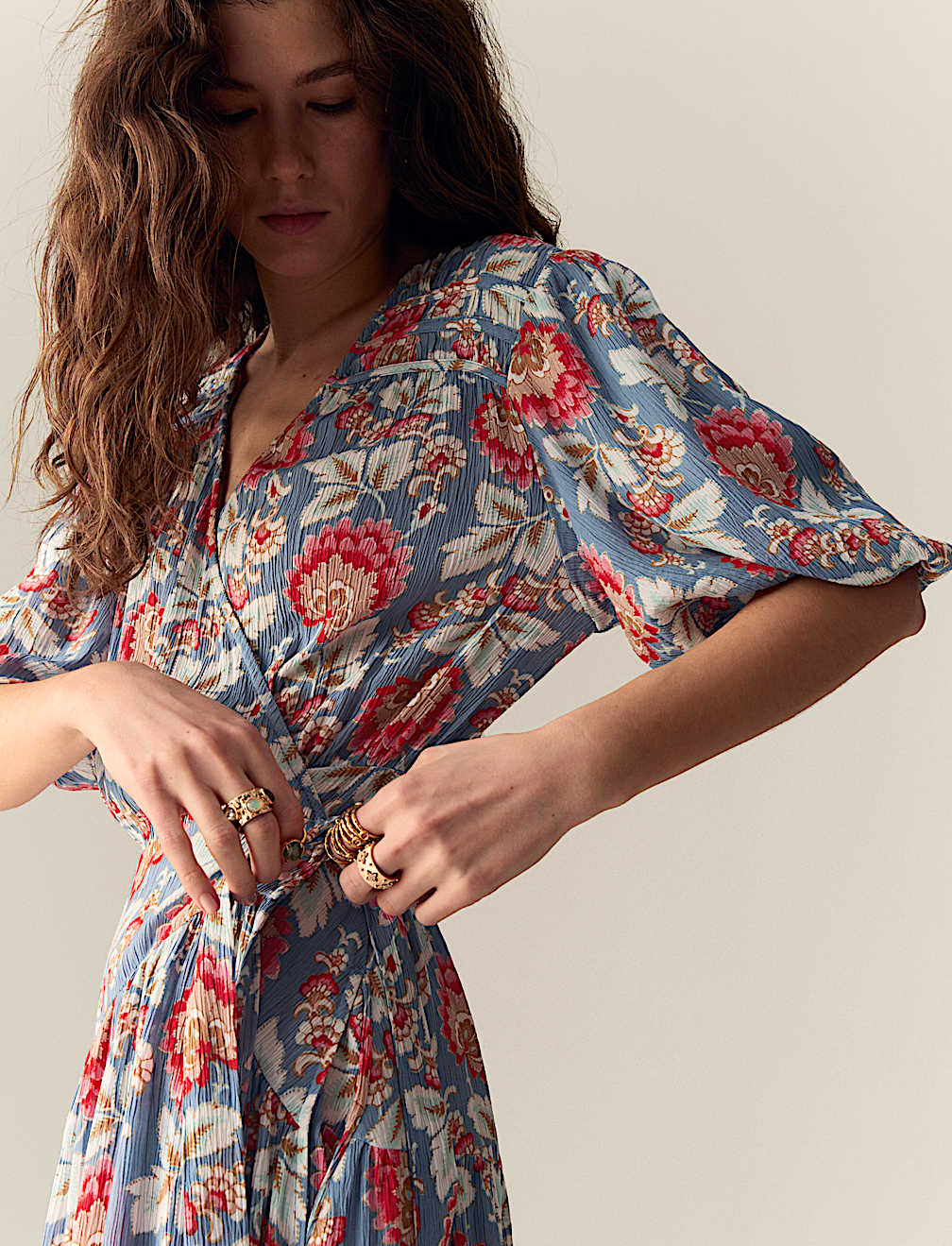 Floral V-Neck Gathered Midi Wrap Dress