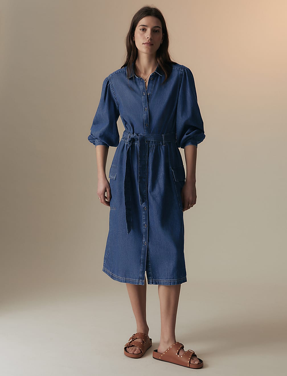 Denim Collared Midi Utility Shirt Dress