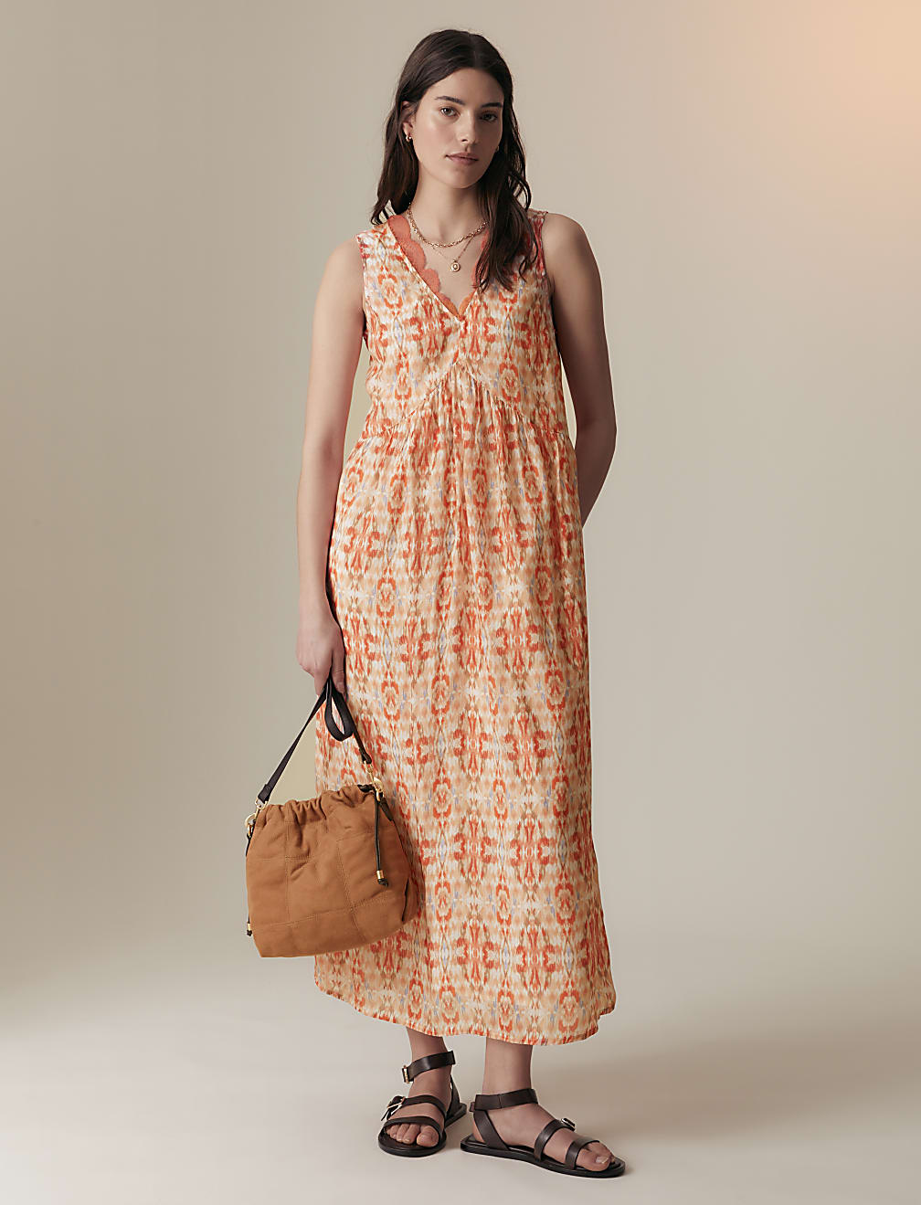 Cupro Blend Printed V-Neck Tea Midi Dress