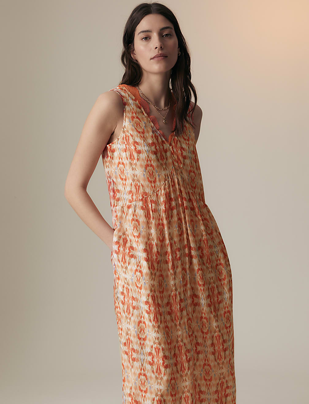 Cupro Blend Printed V-Neck Tea Midi Dress