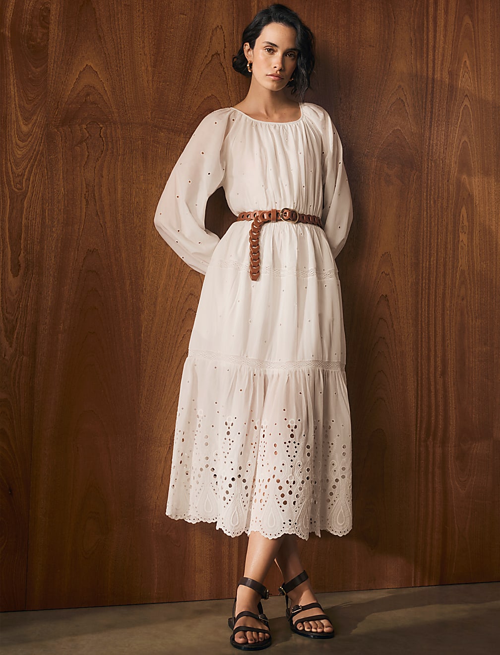 Cotton Rich Broderie Midaxi Waisted Dress