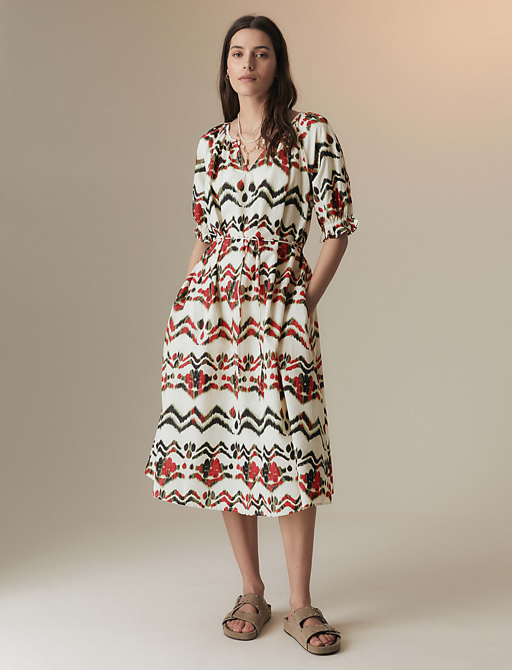Pure Cotton Printed Midi Smock Relaxed Dress