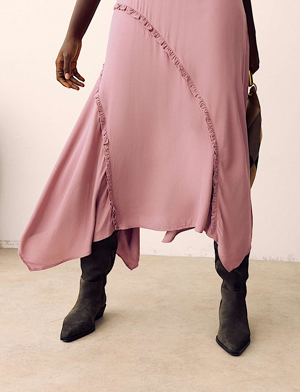 V-Neck Ruffle Detail Maxi Waisted Dress