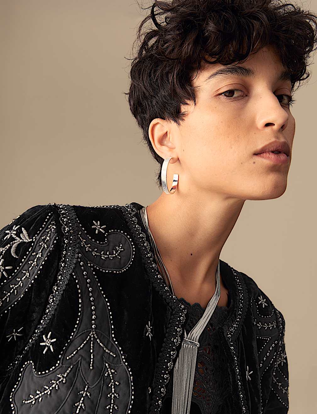 Velvet Embroidered Collarless Cropped Jacket