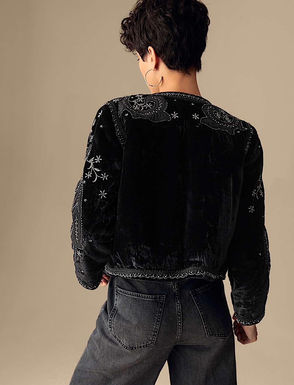 Velvet Embroidered Collarless Cropped Jacket