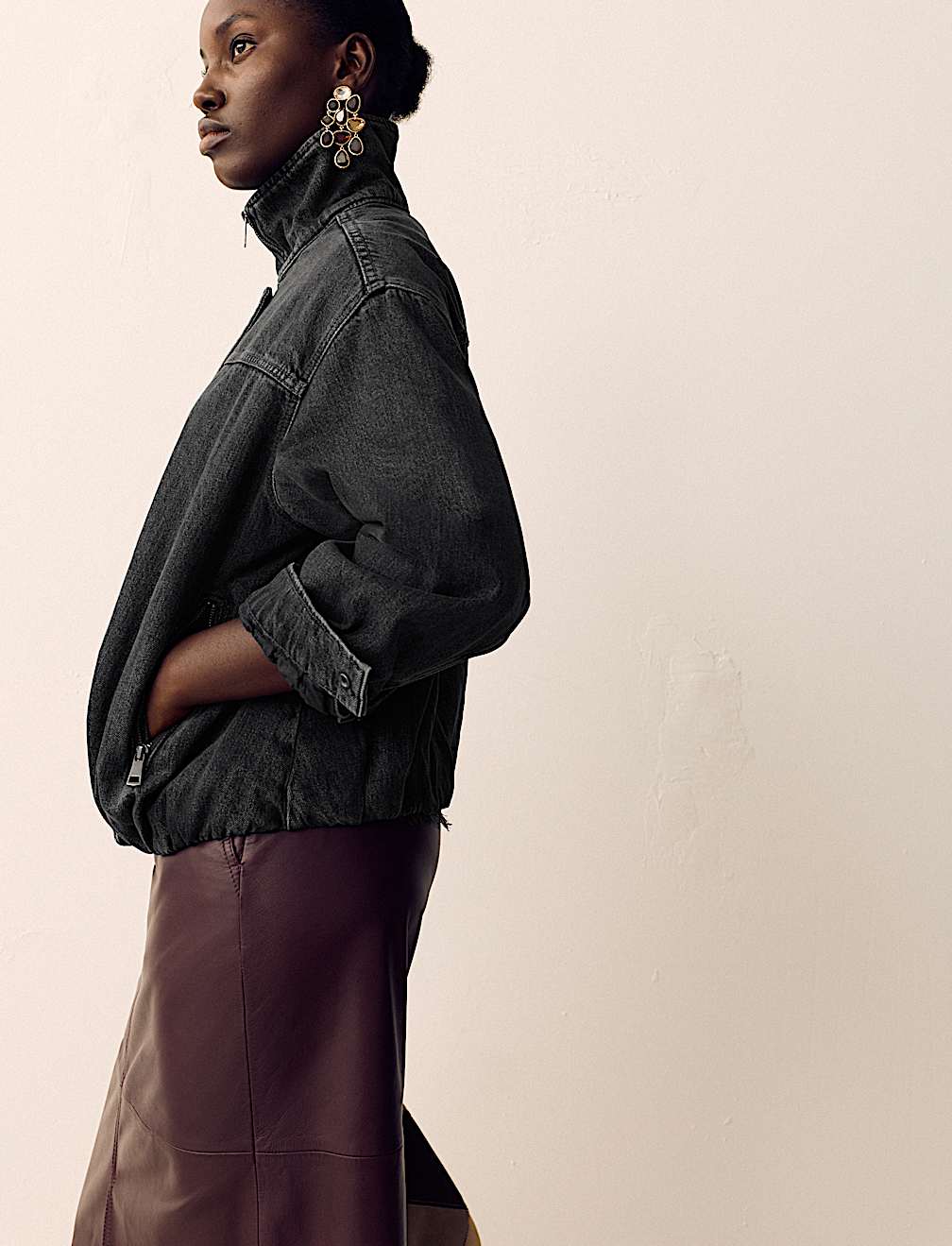 Denim Bubble Hem Biker Jacket