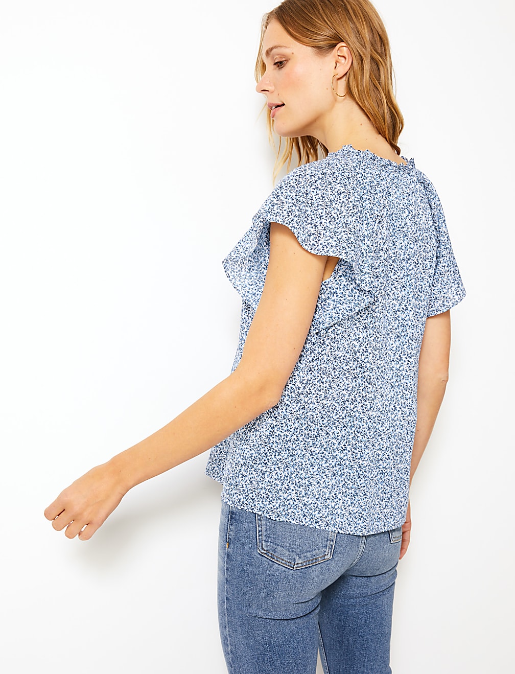 Pure Cotton Floral Print Frill Sleeve Blouse