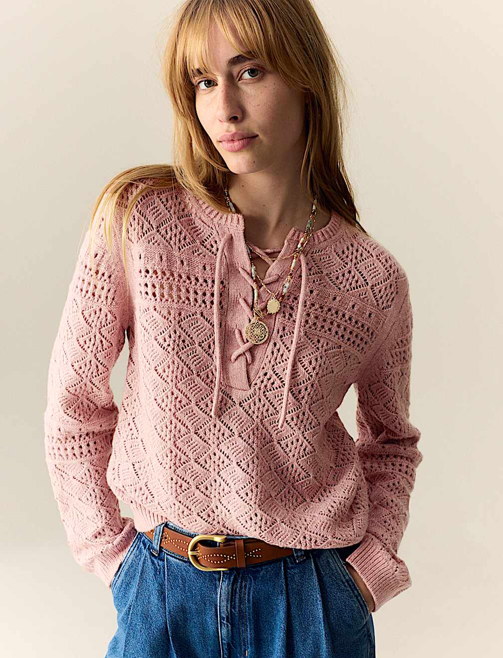 Cotton Blend Pointelle Tie Neck Jumper