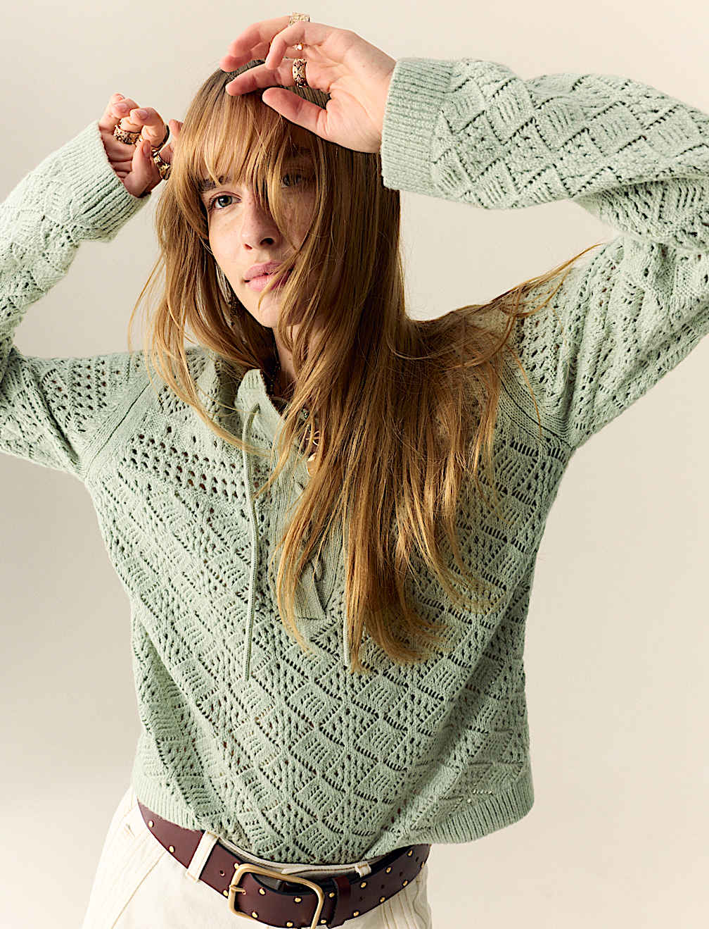 Cotton Blend Pointelle Tie Neck Jumper