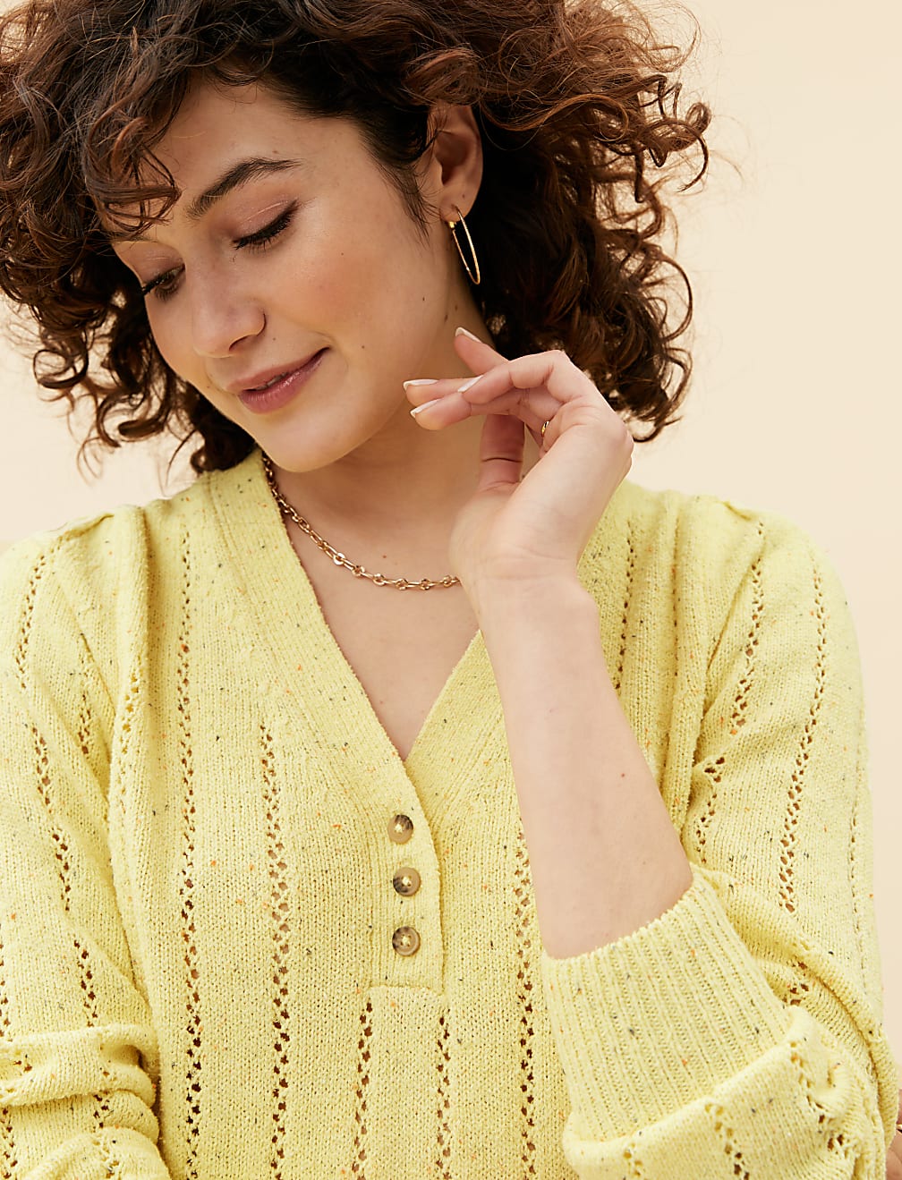 Cotton Rich Pointelle V-Neck Jumper