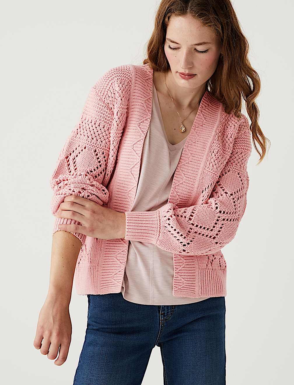 Cotton Rich Pointelle Relaxed Cardigan