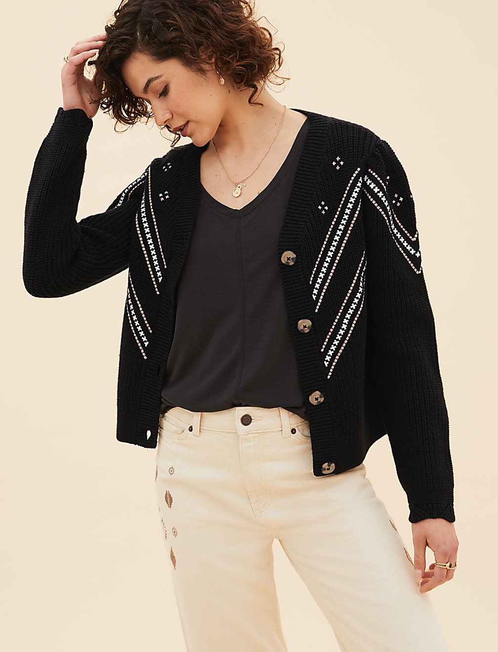 Pure Cotton Embroidered V-Neck Cardigan