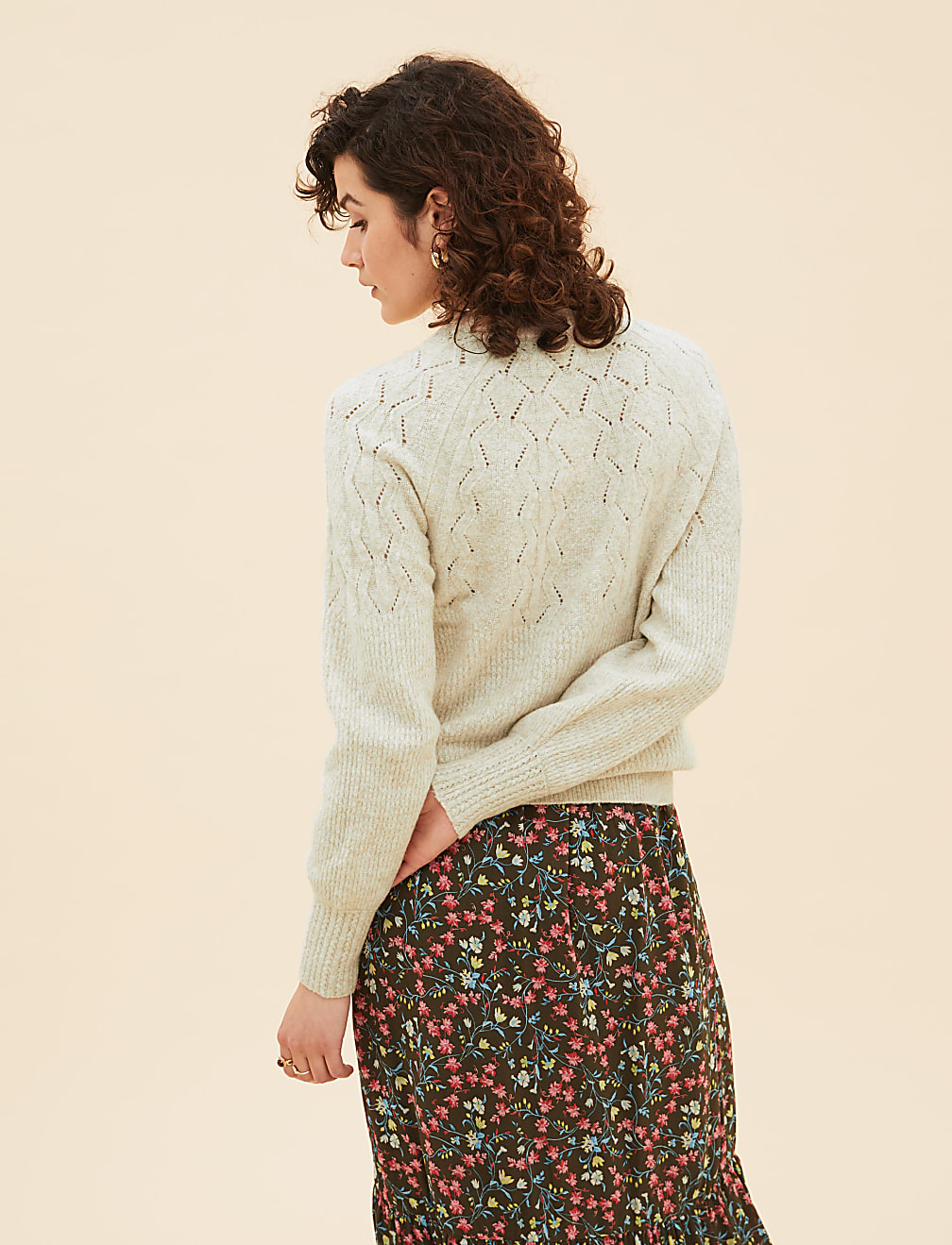 Cotton Blend Pointelle Crew Neck Jumper