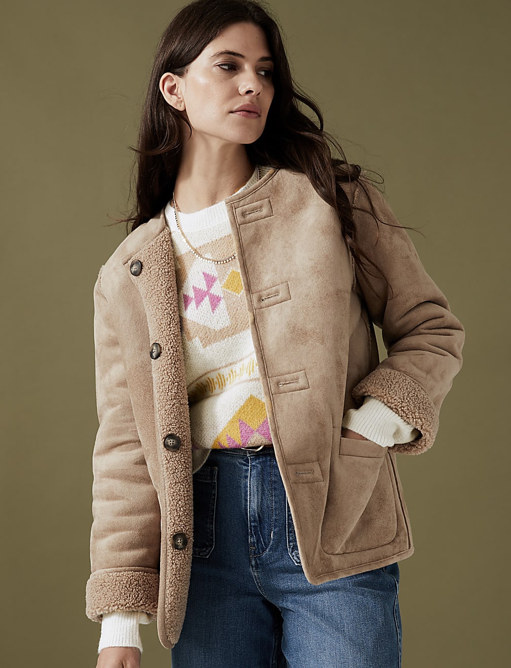 Patterned Round Neck Jumper with Wool