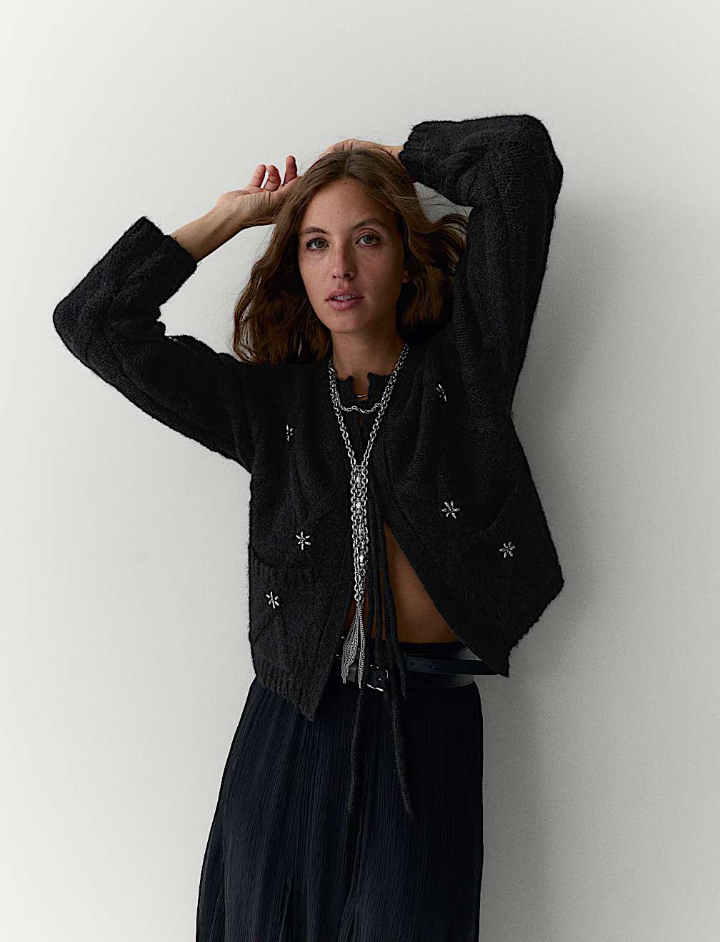 Embellished Diamond Tie Front Cropped Cardigan with Alpaca