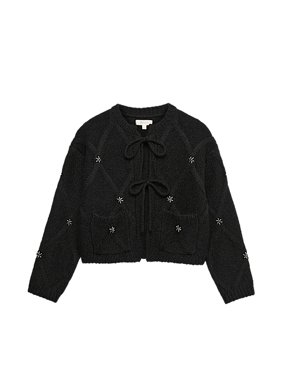 Embellished Diamond Tie Front Cropped Cardigan with Alpaca