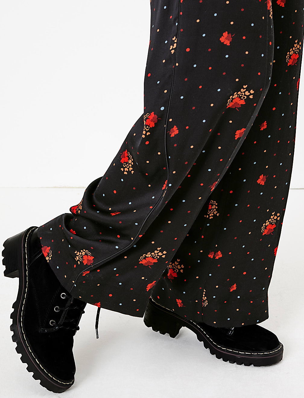 Satin Floral Print Wide Leg Trousers