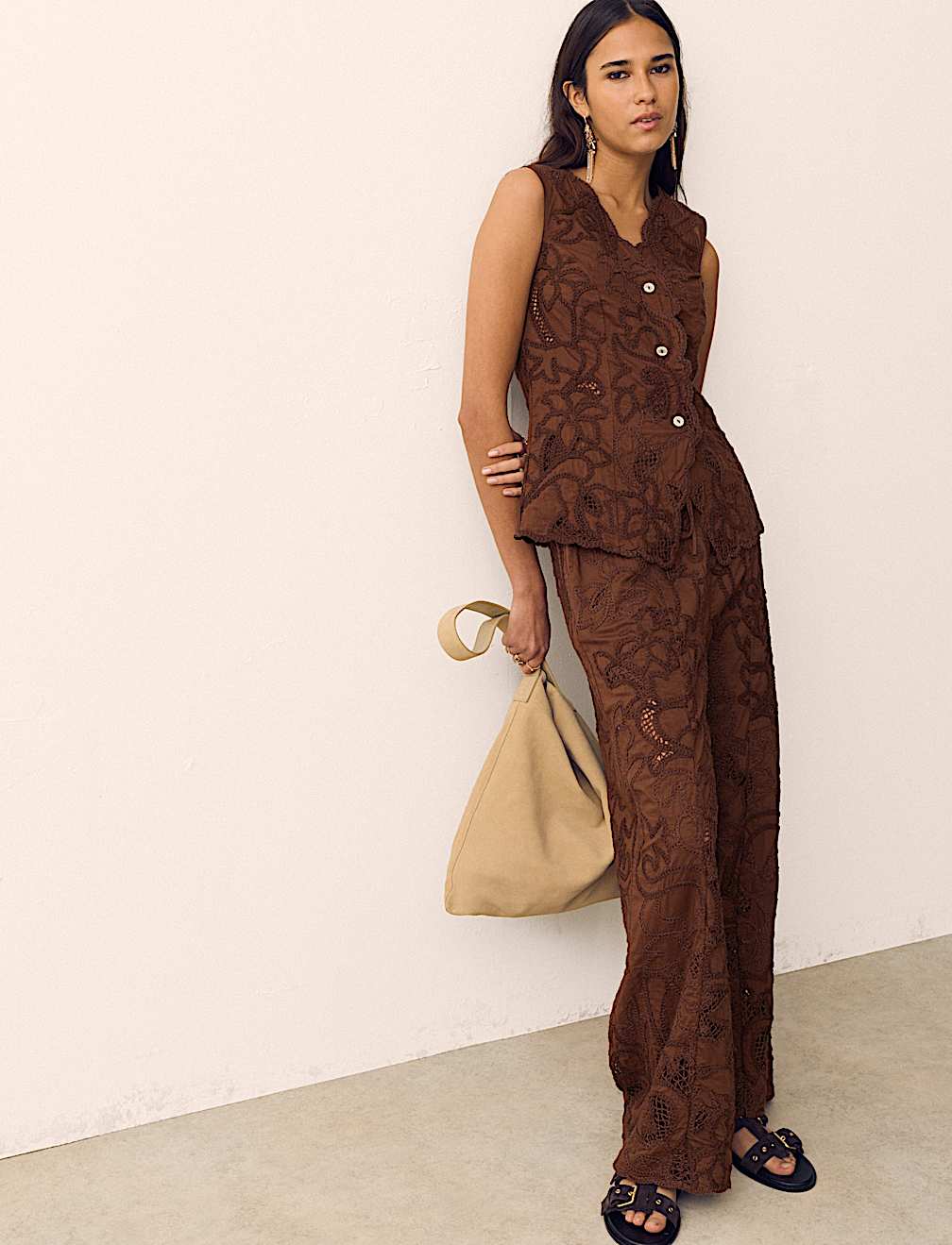 Cotton Embroidered Wide Leg Trousers