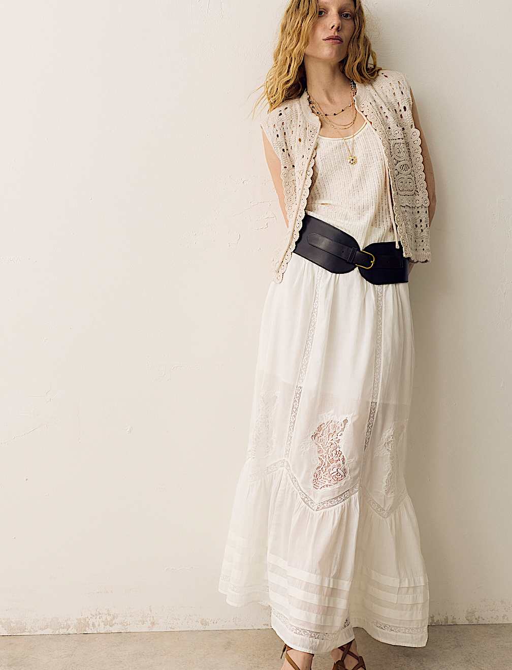 Pure Cotton Pintuck Lace Maxi A-Line Skirt