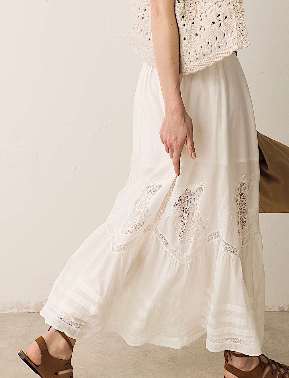 Pure Cotton Pintuck Lace Maxi A-Line Skirt