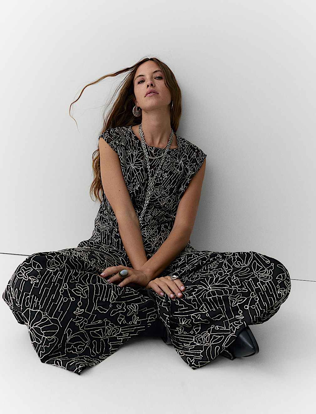Embroidered Metallic Wide Leg Trousers