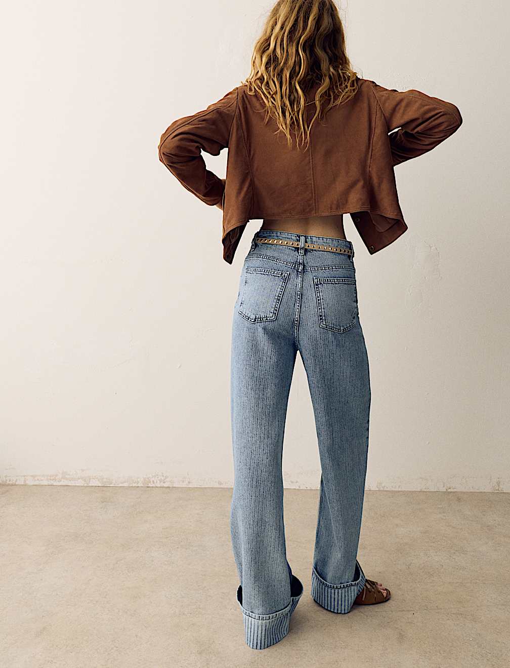 High Waisted Striped Wide Leg Turn Up Jeans