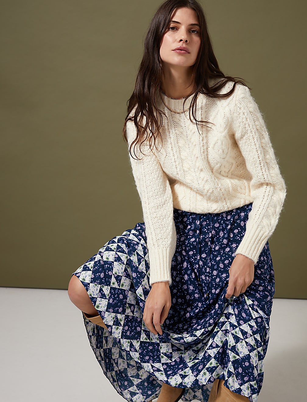 Geometric Floral Midaxi Tiered Skirt