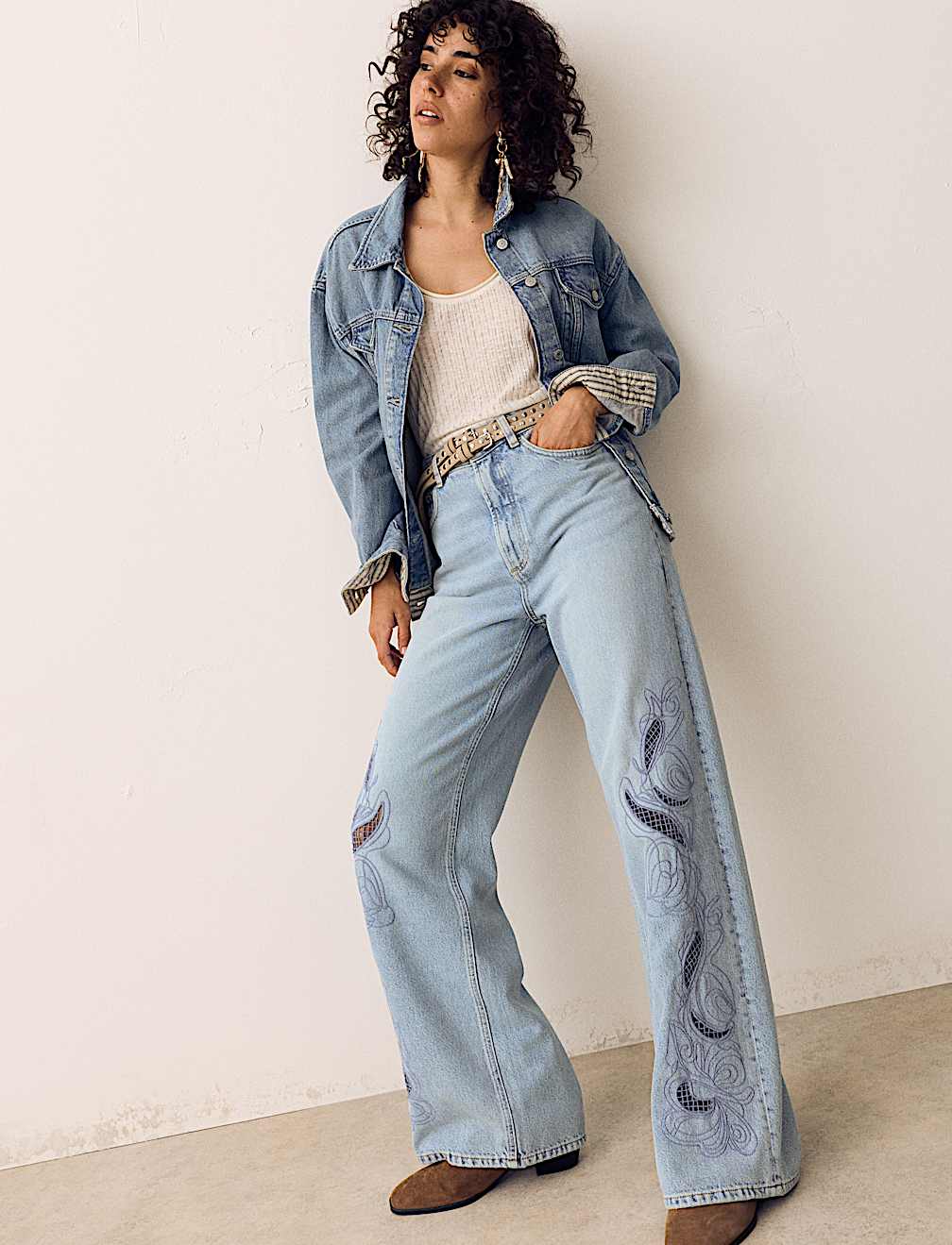 Pure Cotton Embroidered Cutwork High Waisted Wide Leg Jeans