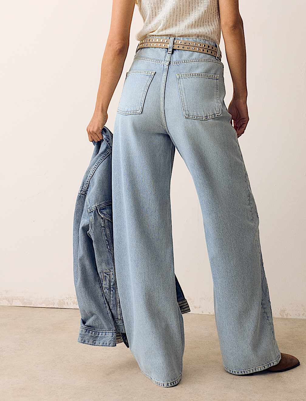 Pure Cotton Embroidered Cutwork High Waisted Wide Leg Jeans