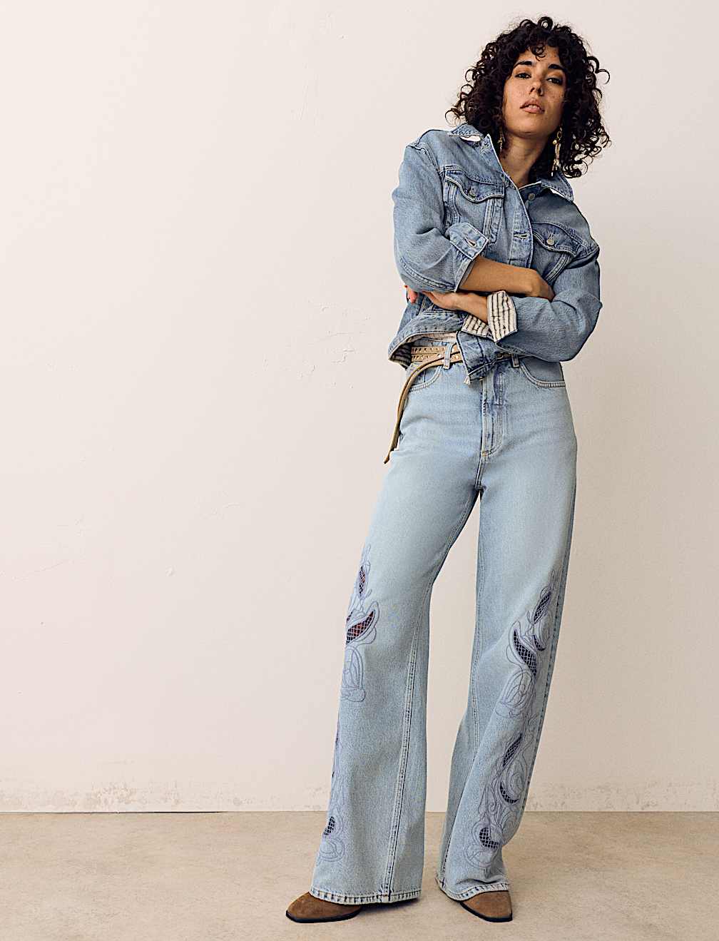 Pure Cotton Embroidered Cutwork High Waisted Wide Leg Jeans