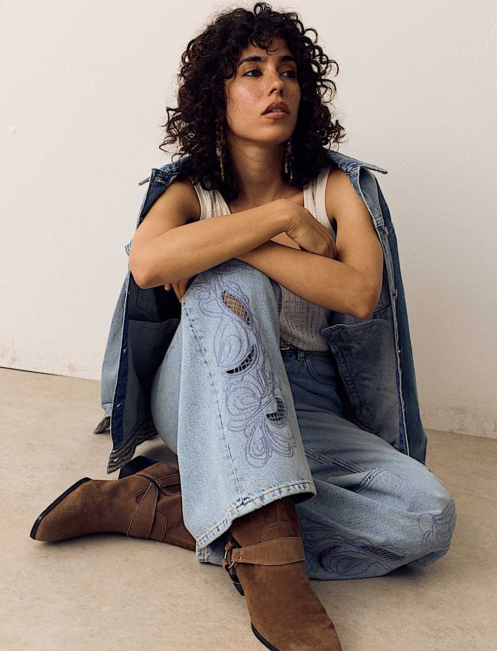 Pure Cotton Embroidered Cutwork High Waisted Wide Leg Jeans