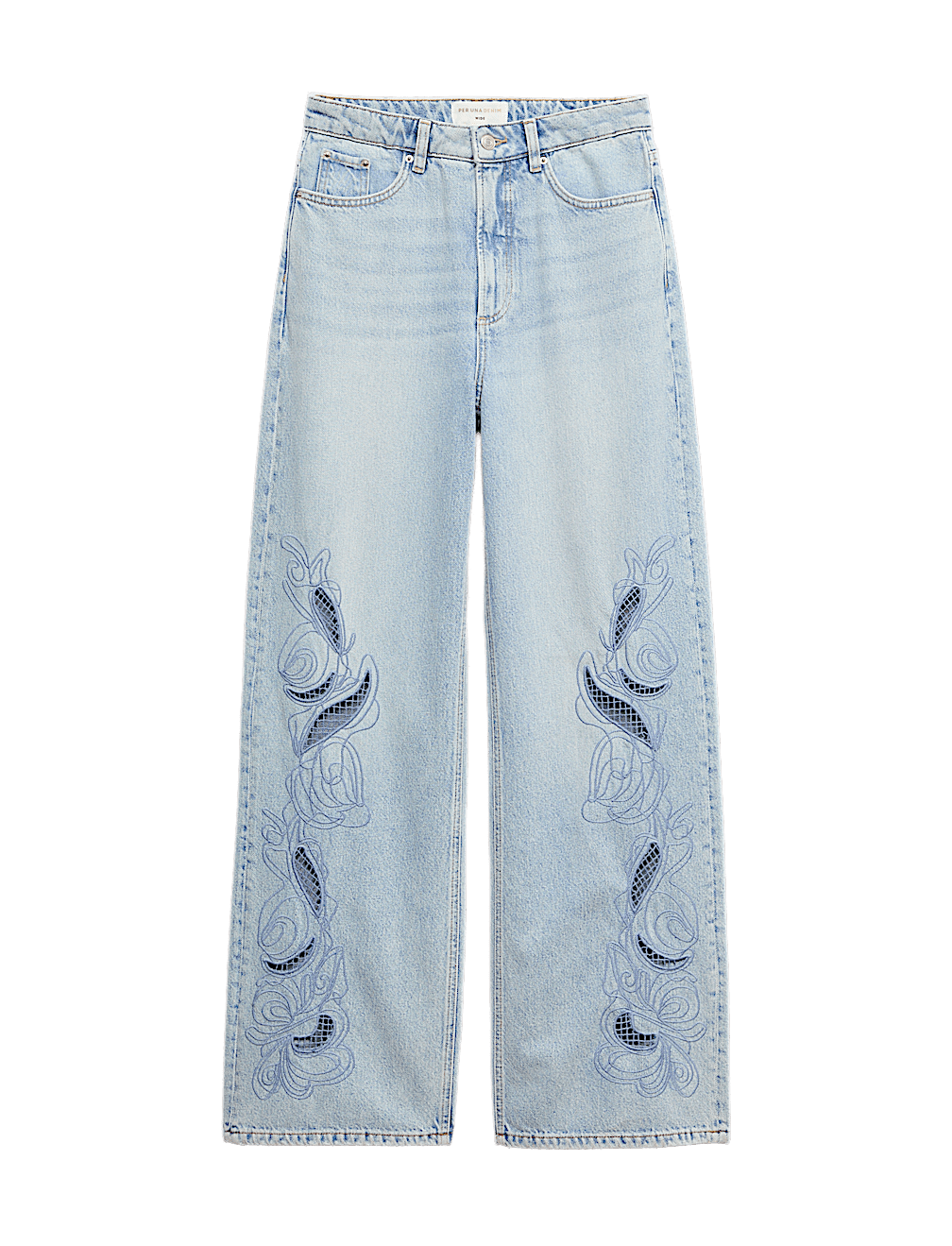 Pure Cotton Embroidered Cutwork High Waisted Wide Leg Jeans