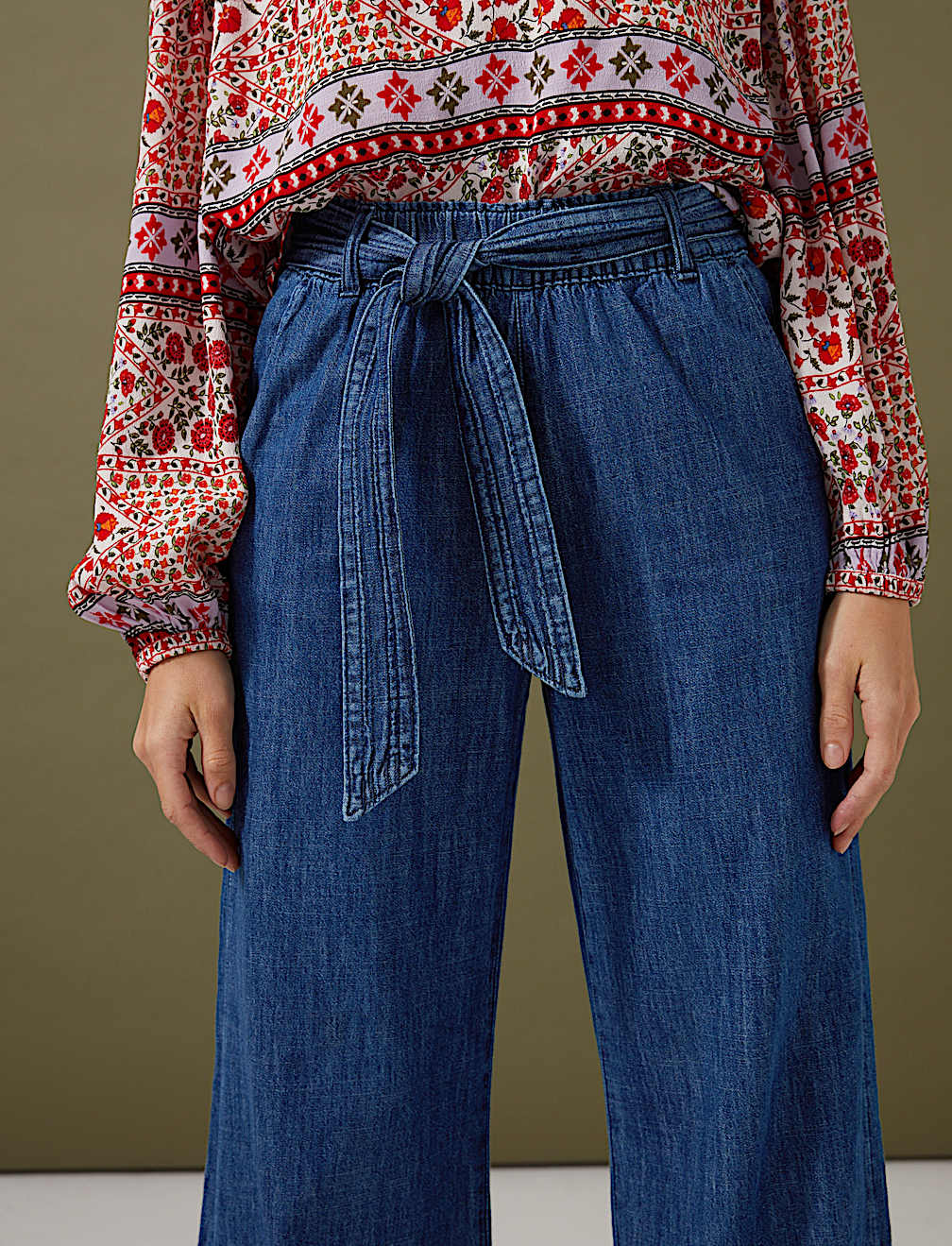 Denim Belted Wide Leg Trousers