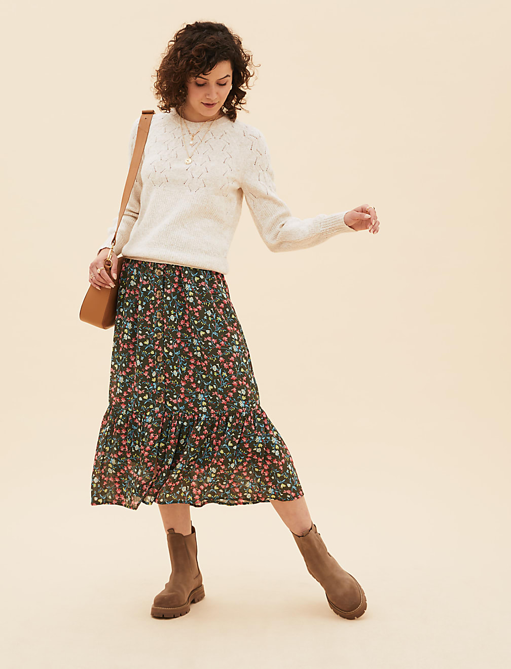 Printed Button Front Midaxi A-Line Skirt