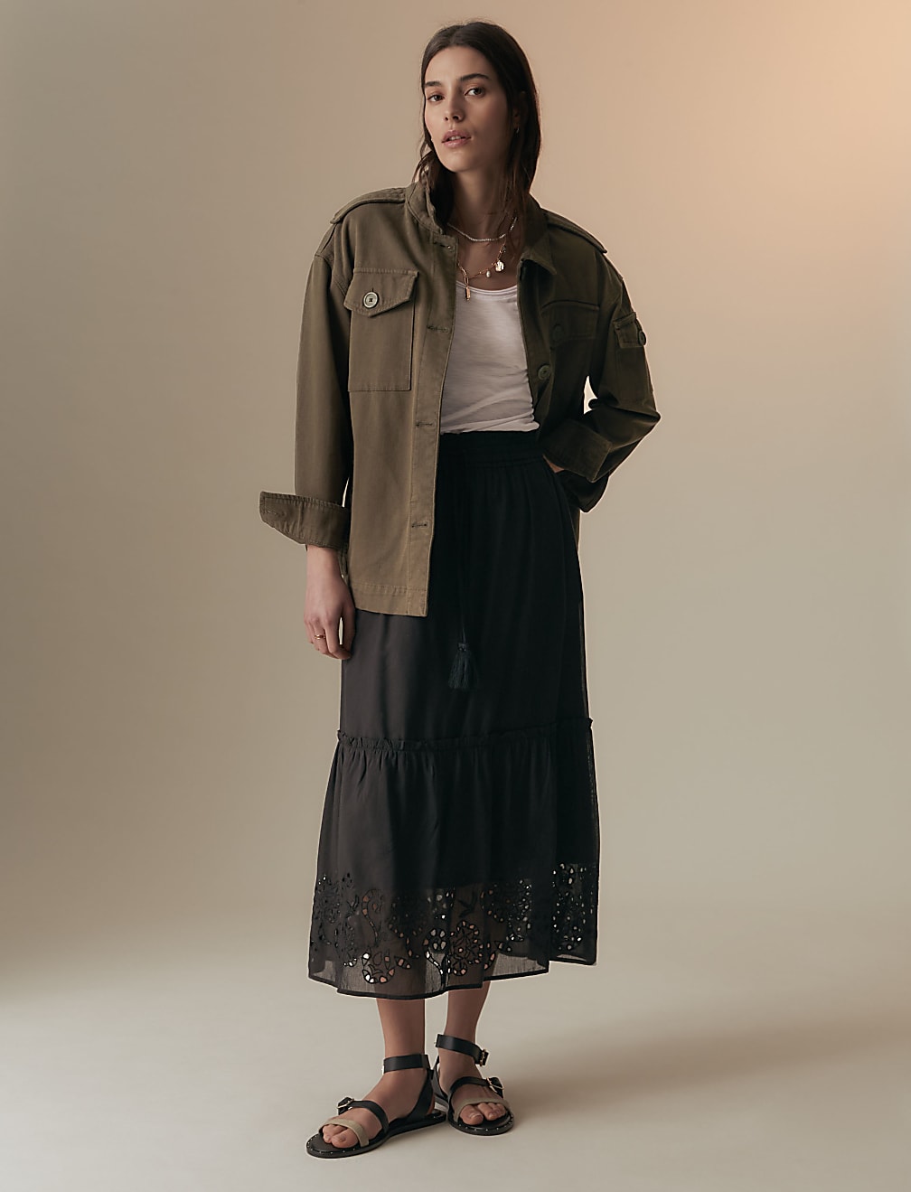 Cotton Rich Broderie Midaxi Tiered Skirt