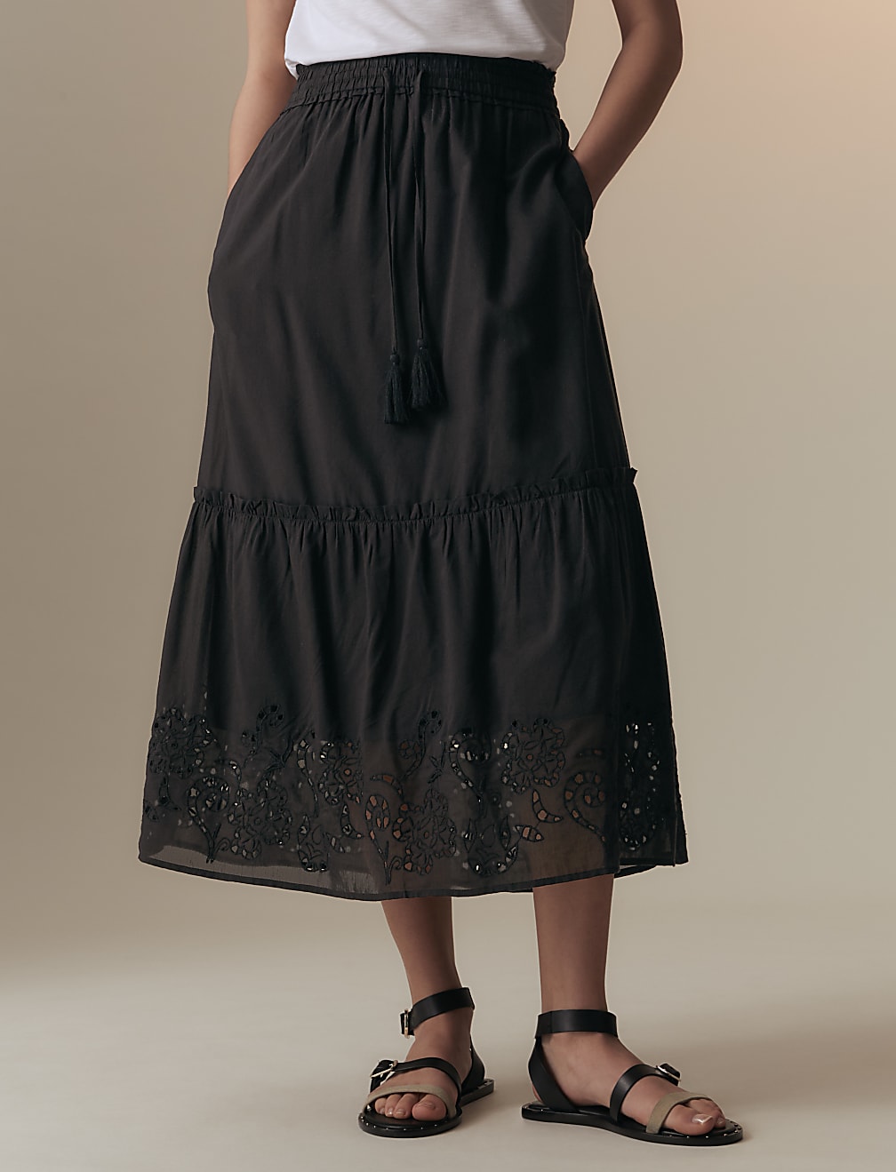 Cotton Rich Broderie Midaxi Tiered Skirt