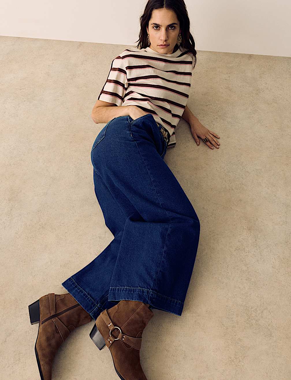 Denim High Waisted Pleat Front Wide Leg Cropped Jeans