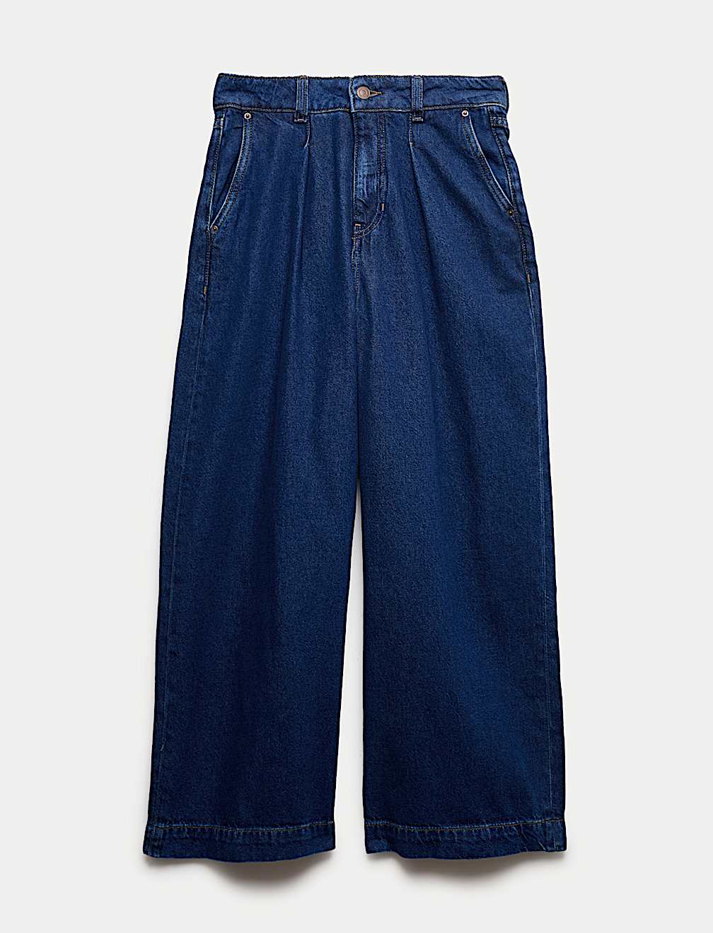 Denim High Waisted Pleat Front Wide Leg Cropped Jeans